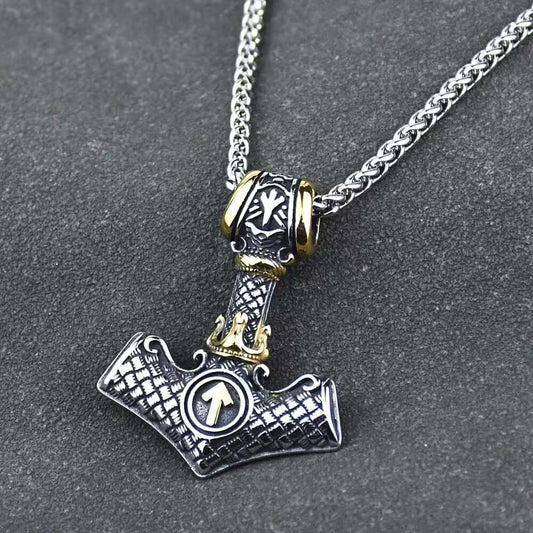 THE MEN THING SS Pendant/ Necklace VIKING NORSE MJOLNIR GOLD  - Pure Titanium Steel Necklace with 24 inch Chain for Men & Boys