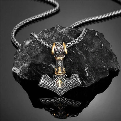 THE MEN THING SS Pendant/ Necklace VIKING NORSE MJOLNIR GOLD  - Pure Titanium Steel Necklace with 24 inch Chain for Men & Boys