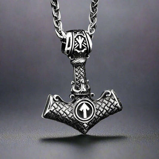 THE MEN THING SS Pendant/ Necklace VIKING NORSE MJOLNIR SILVER  - Pure Titanium Steel Necklace with 24 inch Chain for Men & Boys