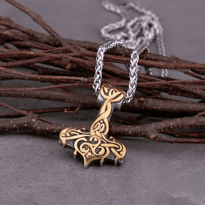 THE MEN THING SS Pendant/ Necklace VIKING RUNES THOR HAMMER GOLD - Pure Titanium Steel Necklace with 24 inch Chain for Men & Boys