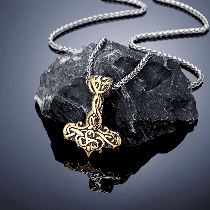THE MEN THING SS Pendant/ Necklace VIKING RUNES THOR HAMMER GOLD - Pure Titanium Steel Necklace with 24 inch Chain for Men & Boys