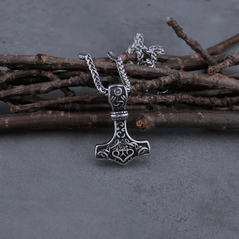 THE MEN THING SS Pendant/ Necklace VIKING RUNES THOR HAMMER SILVER  - Pure Titanium Steel Necklace with 24 inch Chain for Men & Boys