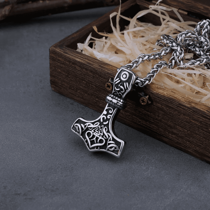 THE MEN THING SS Pendant/ Necklace VIKING RUNES THOR HAMMER SILVER  - Pure Titanium Steel Necklace with 24 inch Chain for Men & Boys