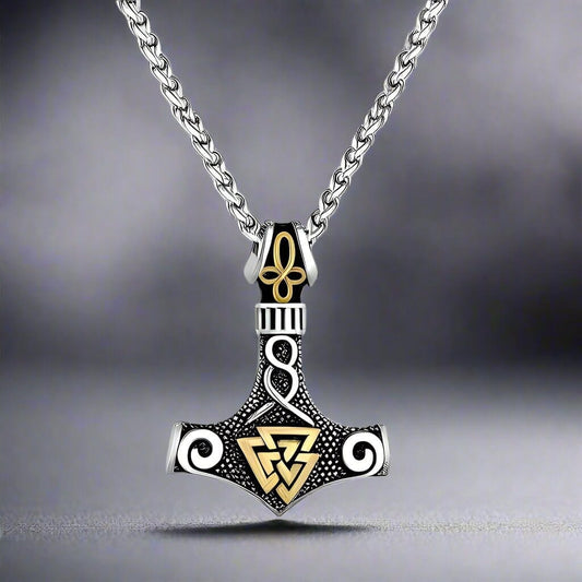 THE MEN THING SS Pendant/ Necklace VIKING THOR HAMMER VALKNUT GOLD - Pure Titanium Steel Necklace with 24 inch Chain for Men & Boys