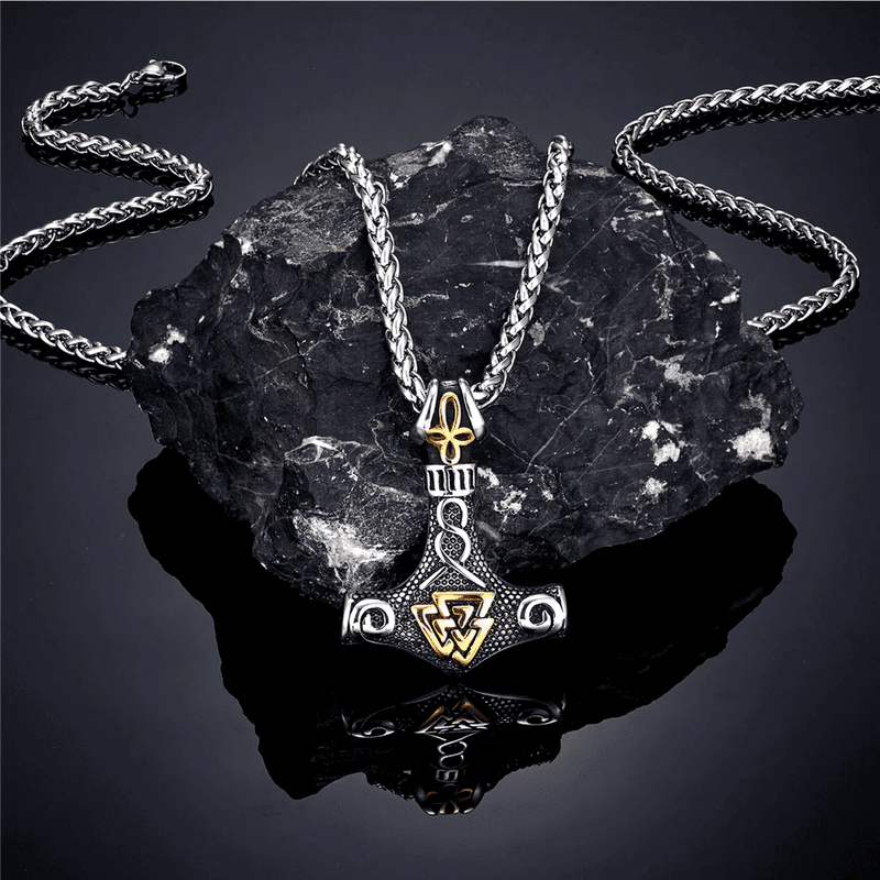 THE MEN THING SS Pendant/ Necklace VIKING THOR HAMMER VALKNUT GOLD - Pure Titanium Steel Necklace with 24 inch Chain for Men & Boys
