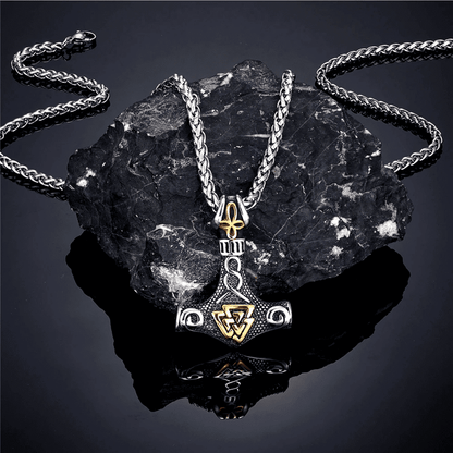 THE MEN THING SS Pendant/ Necklace VIKING THOR HAMMER VALKNUT GOLD - Pure Titanium Steel Necklace with 24 inch Chain for Men & Boys