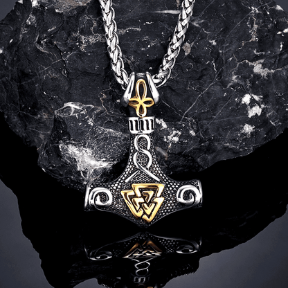 THE MEN THING SS Pendant/ Necklace VIKING THOR HAMMER VALKNUT GOLD - Pure Titanium Steel Necklace with 24 inch Chain for Men & Boys