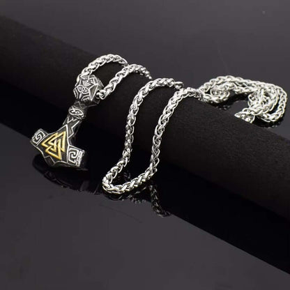 THE MEN THING SS Pendant/ Necklace VIKING THOR HAMMER VALKNUT GOLD - Pure Titanium Steel Necklace with 24 inch Chain for Men & Boys