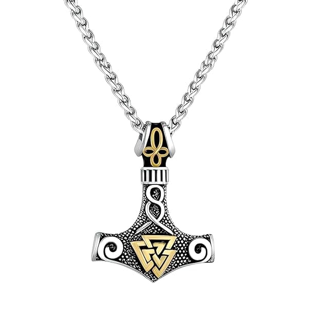 THE MEN THING SS Pendant/ Necklace VIKING THOR HAMMER VALKNUT GOLD - Pure Titanium Steel Necklace with 24 inch Chain for Men & Boys