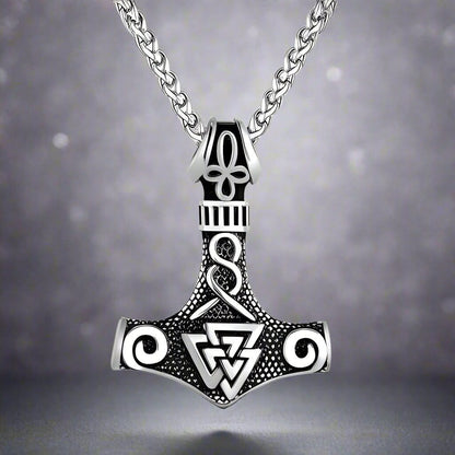 THE MEN THING SS Pendant/ Necklace VIKING THOR HAMMER VALKNUT SILVER - Pure Titanium Steel Necklace with 24 inch Chain for Men & Boys