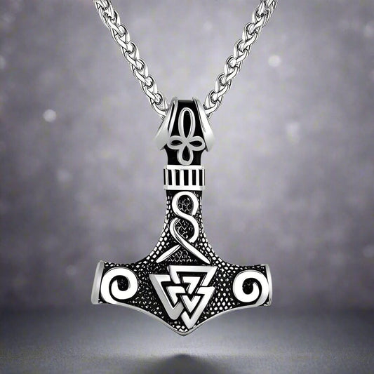 THE MEN THING SS Pendant/ Necklace VIKING THOR HAMMER VALKNUT SILVER - Pure Titanium Steel Necklace with 24 inch Chain for Men & Boys