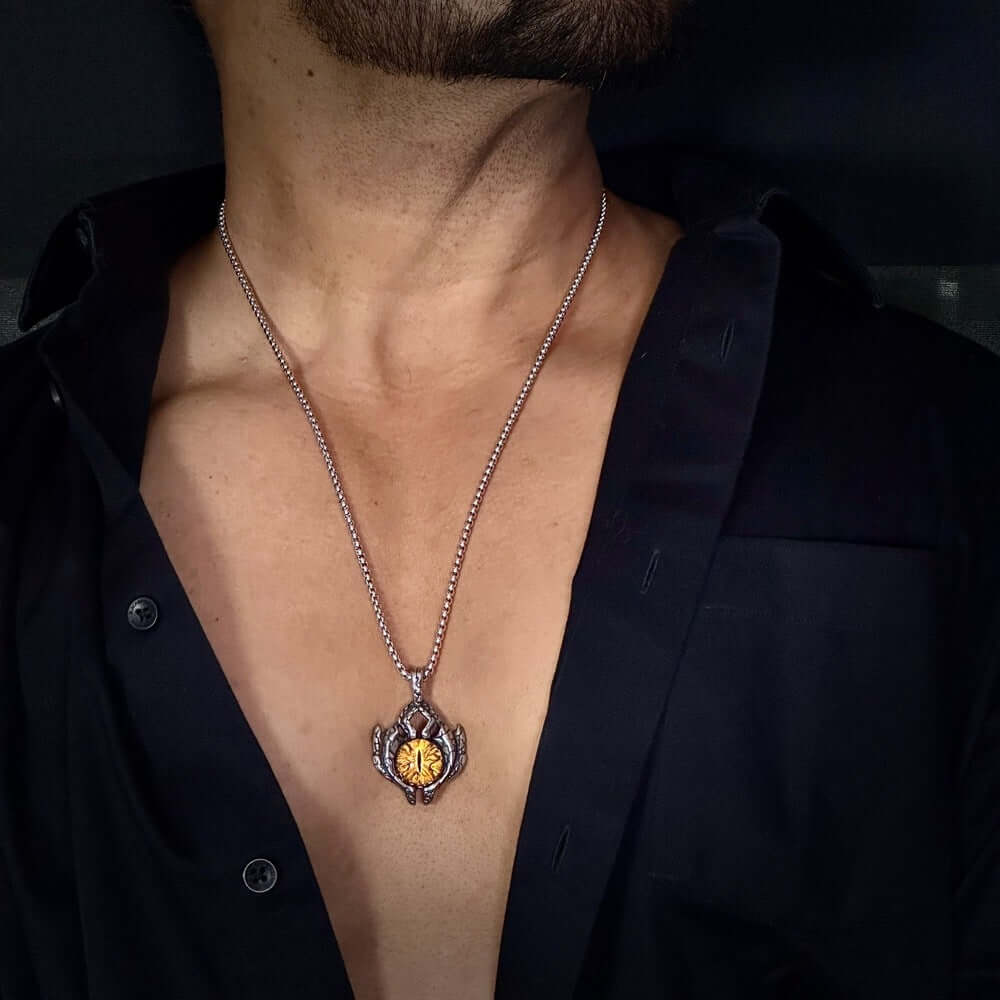 THE MEN THING SS Pendant/ Necklace YELLOW EYE PROTECT -  Alloy Pendant with Stainless Steel 24inch Round Box Chain, European trending Style for Men & Boy