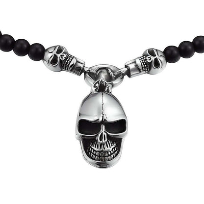 THE MEN THING SS Pendant with Chain GOTHIC SKULL - Premium Titanium Steel Pendant - 8mm Black Natural Onyx Beads - 24inch Chain for Men & Boys
