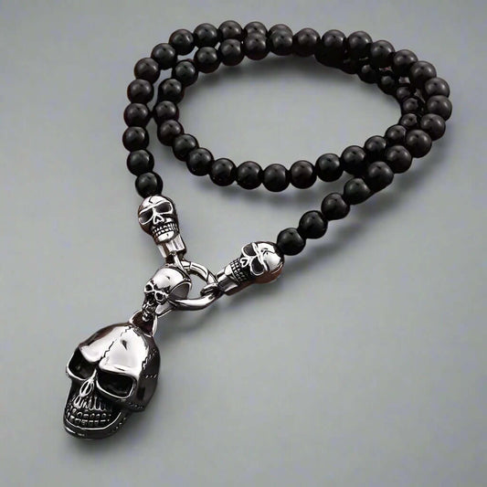 THE MEN THING SS Pendant with Chain GOTHIC SKULL - Premium Titanium Steel Pendant - 8mm Black Natural Onyx Beads - 24inch Chain for Men & Boys