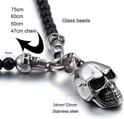 THE MEN THING SS Pendant with Chain GOTHIC SKULL - Premium Titanium Steel Pendant - 8mm Black Natural Onyx Beads - 24inch Chain for Men & Boys