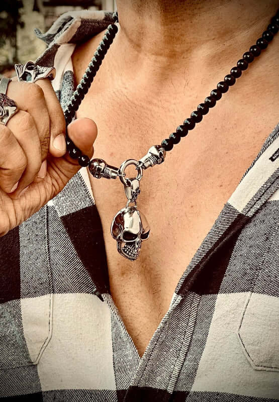 THE MEN THING SS Pendant with Chain GOTHIC SKULL - Premium Titanium Steel Pendant - 8mm Black Natural Onyx Beads - 24inch Chain for Men & Boys