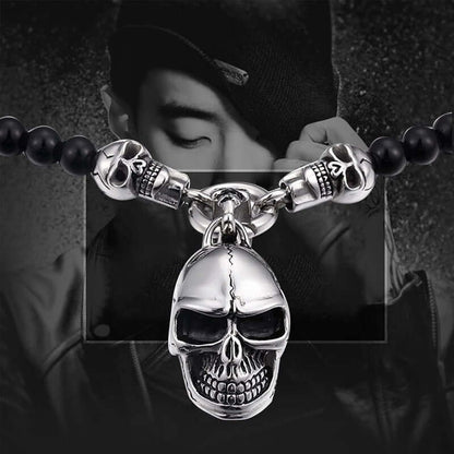 THE MEN THING SS Pendant with Chain GOTHIC SKULL - Premium Titanium Steel Pendant - 8mm Black Natural Onyx Beads - 24inch Chain for Men & Boys