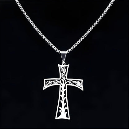 THE MEN THING SS Pendant with Chain LEAFLINE CRUCIFIX - 24inch Pure Stainless Steel  Round box Chain for Men, European trending Style for Men & Boy