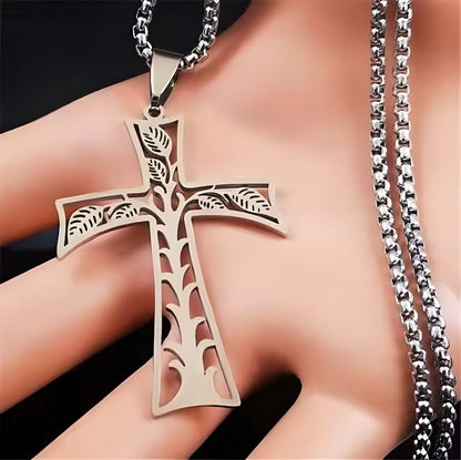 THE MEN THING SS Pendant with Chain LEAFLINE CRUCIFIX - 24inch Pure Stainless Steel  Round box Chain for Men, European trending Style for Men & Boy