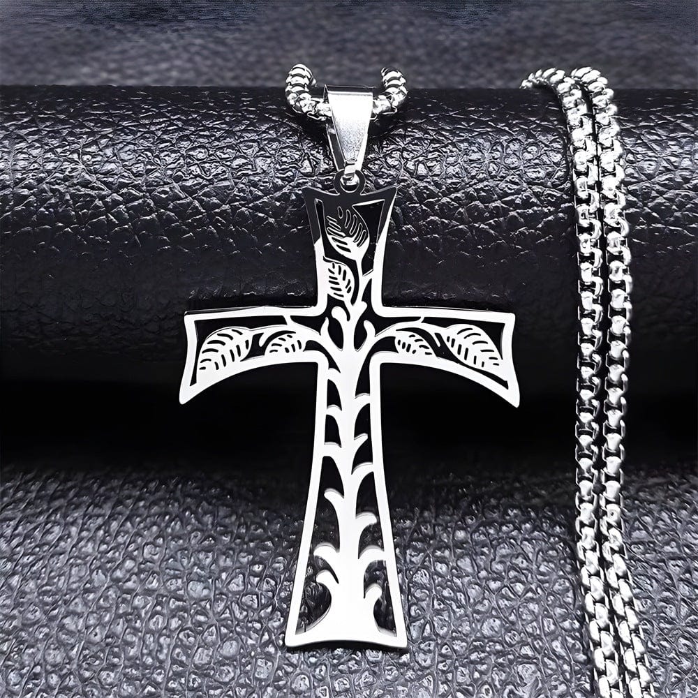 THE MEN THING SS Pendant with Chain LEAFLINE CRUCIFIX - 24inch Pure Stainless Steel  Round box Chain for Men, European trending Style for Men & Boy