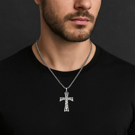 THE MEN THING SS Pendant with Chain LEAFLINE CRUCIFIX - 24inch Pure Stainless Steel  Round box Chain for Men, European trending Style for Men & Boy