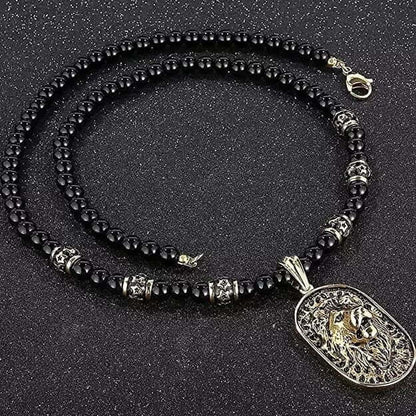 THE MEN THING SS Pendant with Chain WARRIOR NECKWEAR - Pure Titanium Steel Lion Head Shield 18K Pvd Gold Plated Necklace with 8mm Black Onyx Beads 27inch Chain for Men & Boys