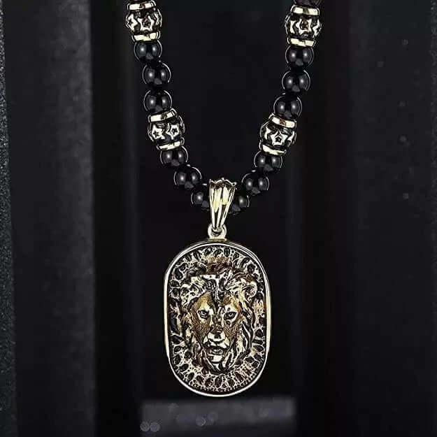 THE MEN THING SS Pendant with Chain WARRIOR NECKWEAR - Pure Titanium Steel Lion Head Shield 18K Pvd Gold Plated Necklace with 8mm Black Onyx Beads 27inch Chain for Men & Boys