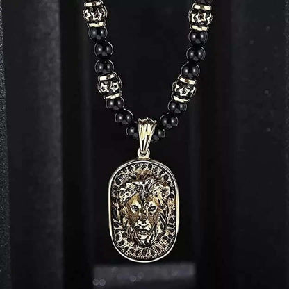 THE MEN THING SS Pendant with Chain WARRIOR NECKWEAR - Pure Titanium Steel Lion Head Shield 18K Pvd Gold Plated Necklace with 8mm Black Onyx Beads 27inch Chain for Men & Boys