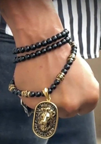 THE MEN THING SS Pendant with Chain WARRIOR NECKWEAR - Pure Titanium Steel Lion Head Shield 18K Pvd Gold Plated Necklace with 8mm Black Onyx Beads 27inch Chain for Men & Boys