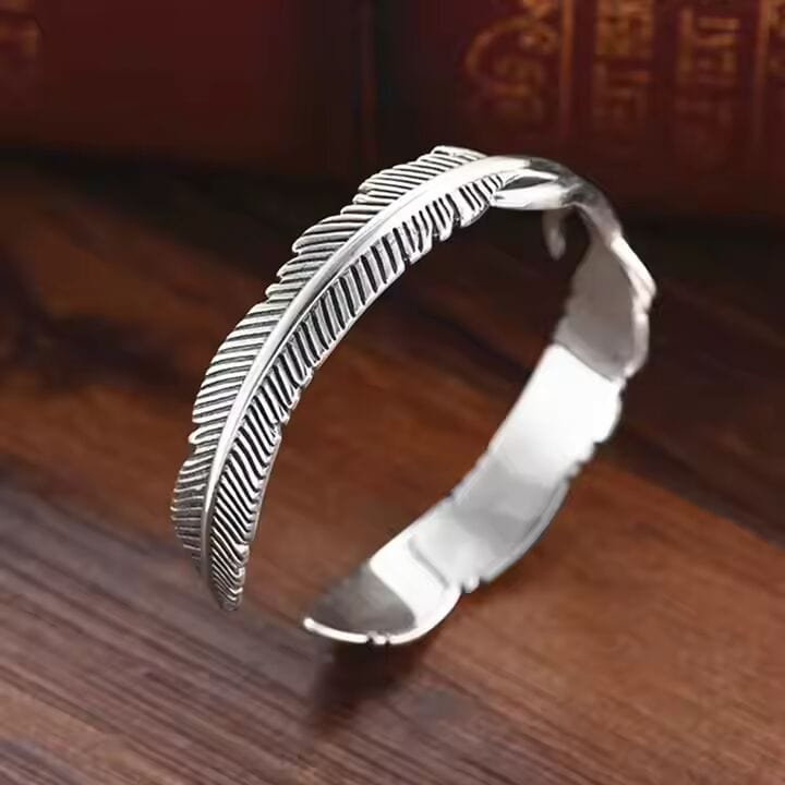 THE MEN THING Steel Bracelets ARGENT FEATHER - Pure Stainless Steel Open Bangle Bracelet (Adjustable) for Men & Boys