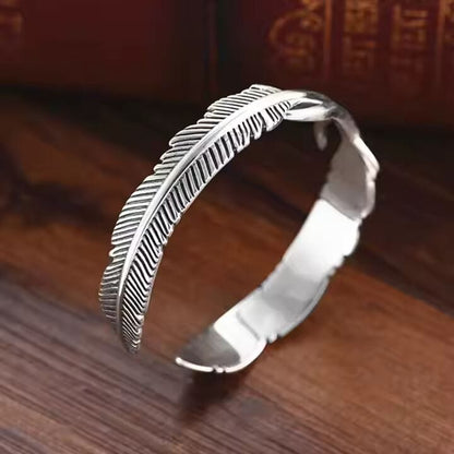 THE MEN THING Steel Bracelets ARGENT FEATHER - Pure Stainless Steel Open Bangle Bracelet (Adjustable) for Men & Boys