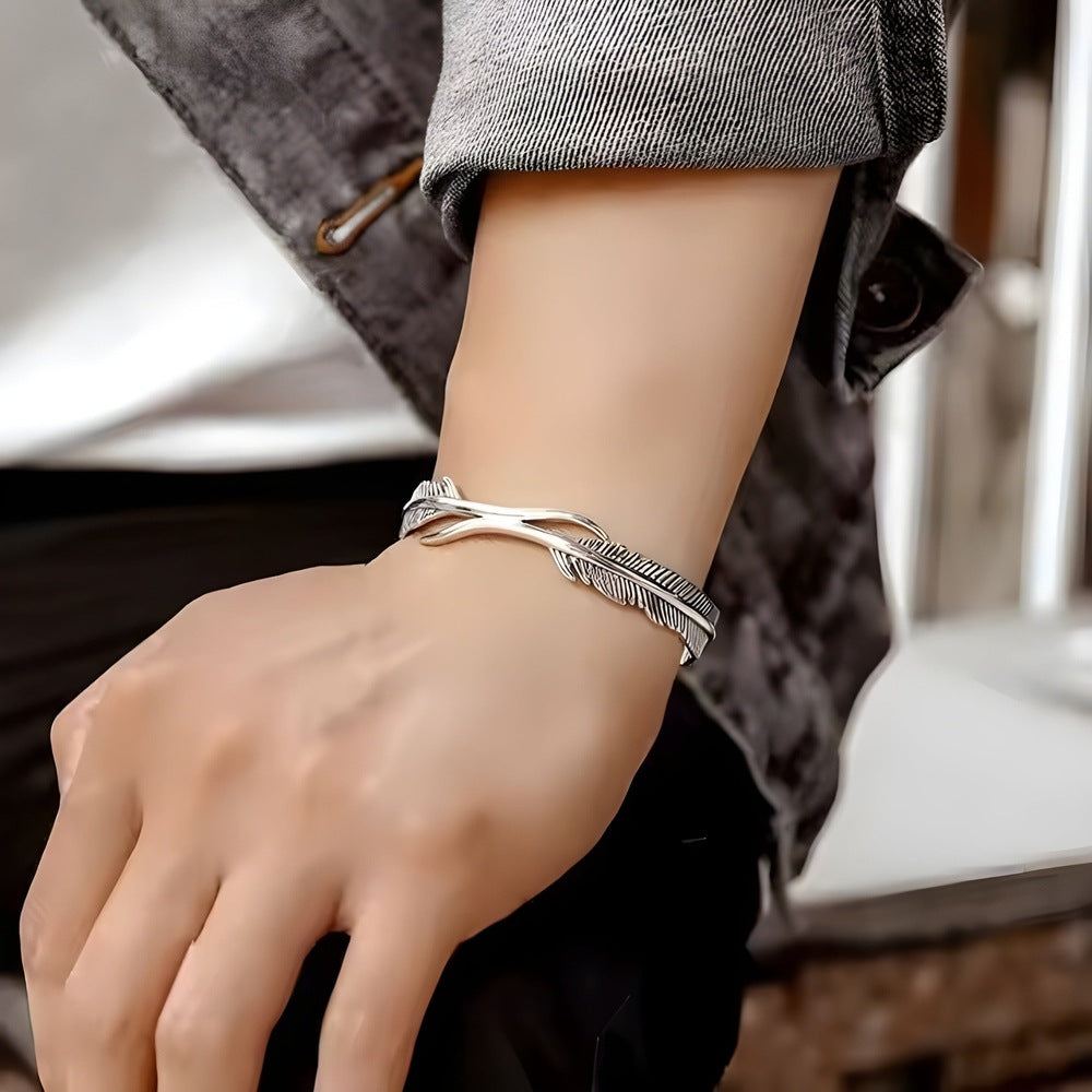 THE MEN THING Steel Bracelets ARGENT FEATHER - Pure Stainless Steel Open Bangle Bracelet (Adjustable) for Men & Boys