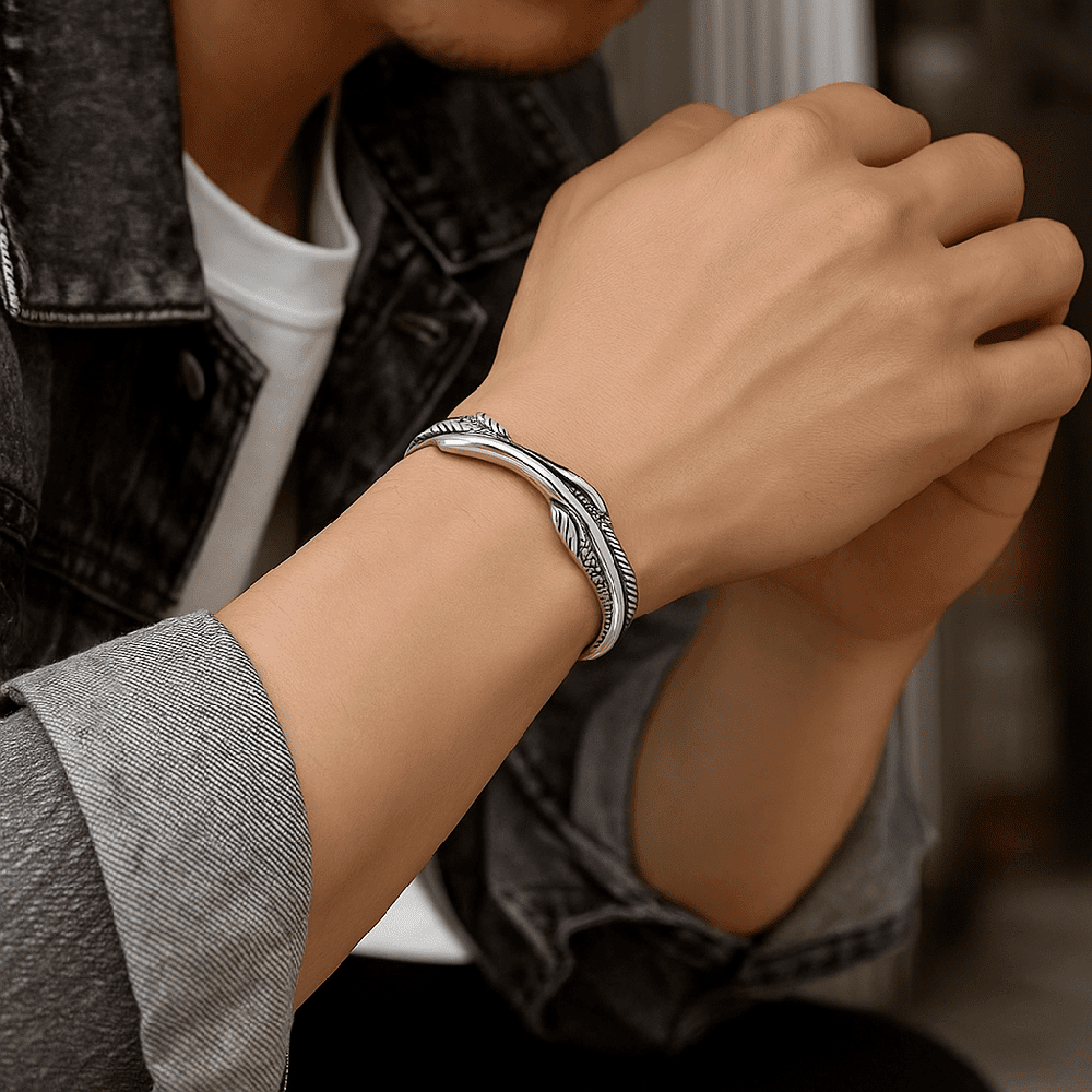 THE MEN THING Steel Bracelets ARGENT FEATHER - Pure Stainless Steel Open Bangle Bracelet (Adjustable) for Men & Boys