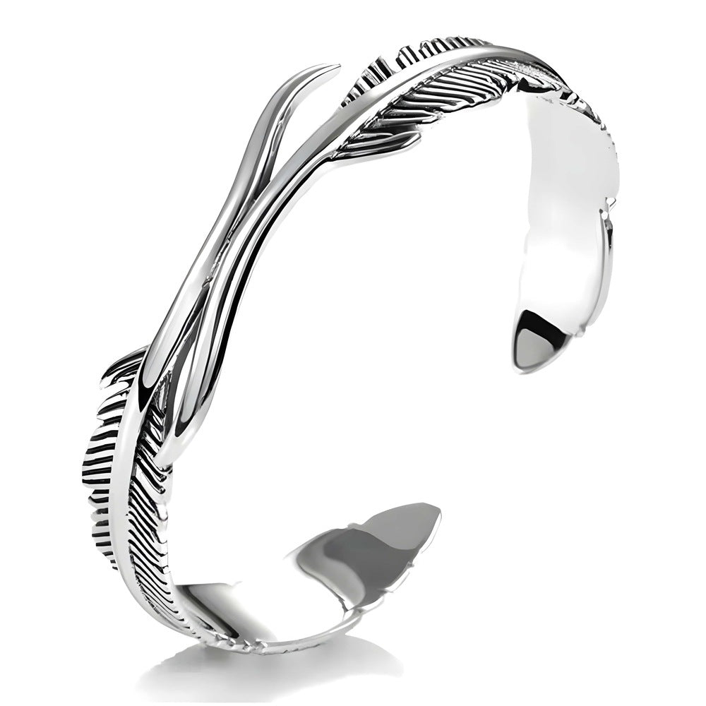 THE MEN THING Steel Bracelets ARGENT FEATHER - Pure Stainless Steel Open Bangle Bracelet (Adjustable) for Men & Boys