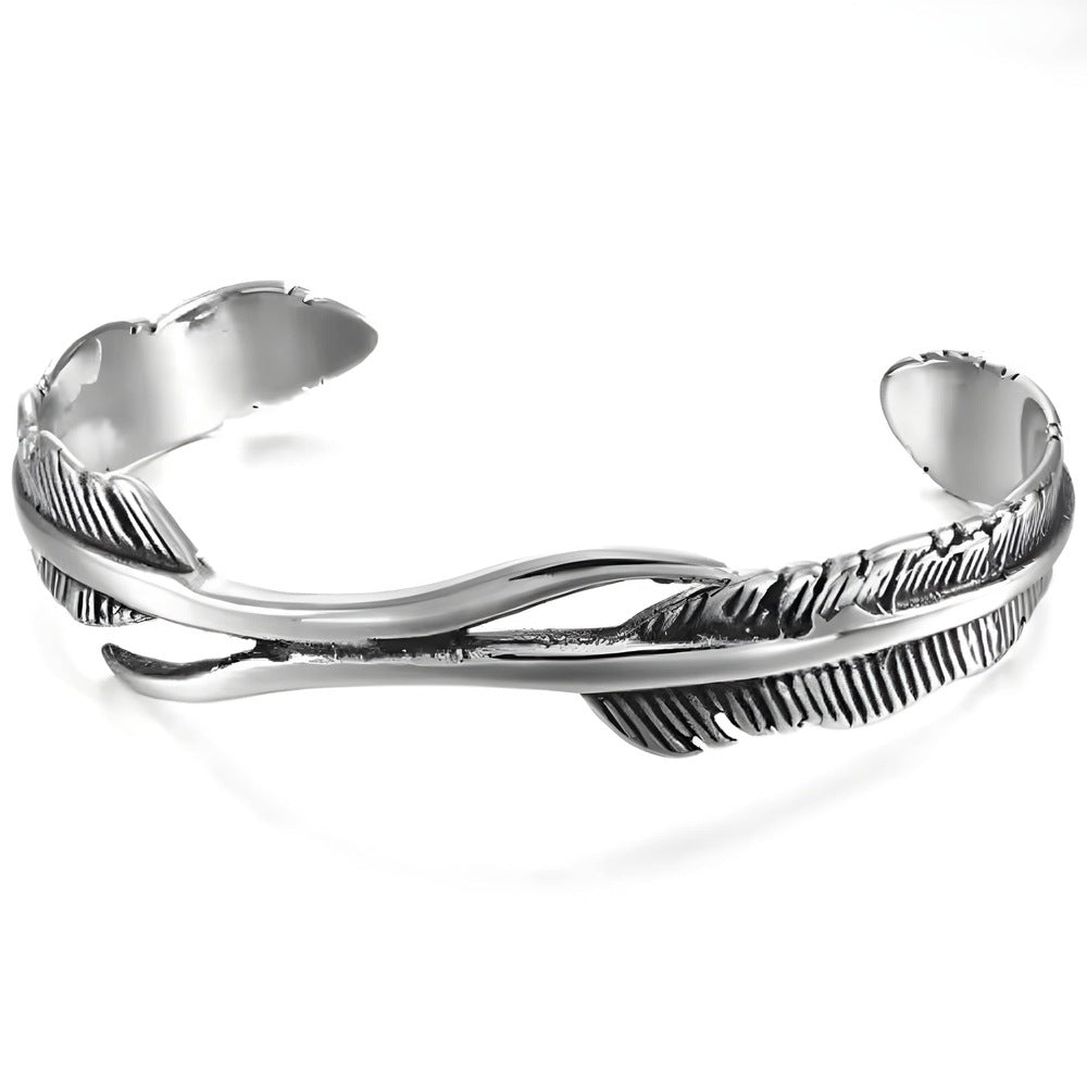 THE MEN THING Steel Bracelets ARGENT FEATHER - Pure Stainless Steel Open Bangle Bracelet (Adjustable) for Men & Boys