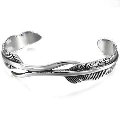THE MEN THING Steel Bracelets ARGENT FEATHER - Pure Stainless Steel Open Bangle Bracelet (Adjustable) for Men & Boys