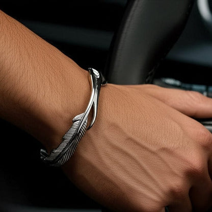 THE MEN THING Steel Bracelets ARGENT FEATHER - Pure Stainless Steel Open Bangle Bracelet (Adjustable) for Men & Boys