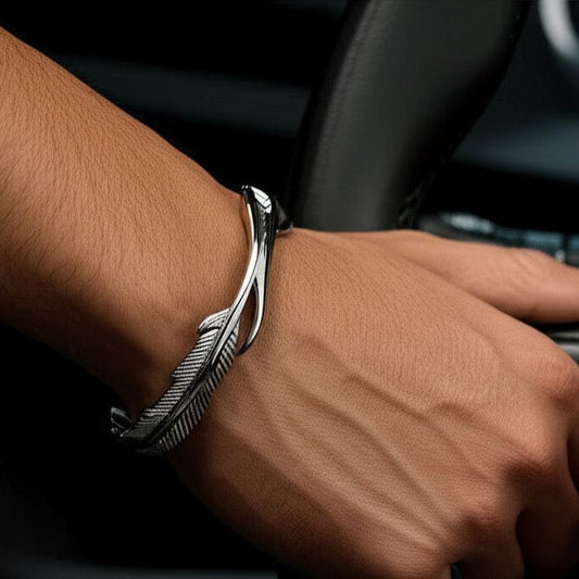 THE MEN THING Steel Bracelets ARGENT FEATHER - Pure Stainless Steel Open Bangle Bracelet (Adjustable) for Men & Boys