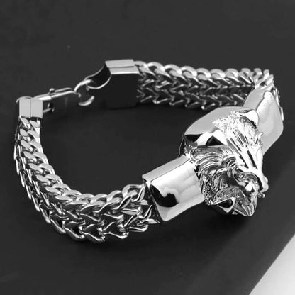 THE MEN THING Steel Bracelets DOUBLE FRANCO LION - Heavy 12mm Pure Stainless Steel Chain with Alloy Lion Head Bracelet for Men & Boys (10 inch)