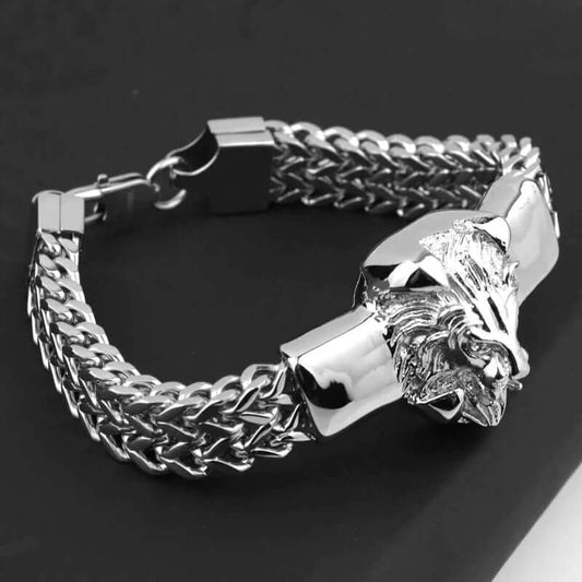 THE MEN THING Steel Bracelets DOUBLE FRANCO LION - Heavy 12mm Pure Stainless Steel Chain with Alloy Lion Head Bracelet for Men & Boys (10 inch)