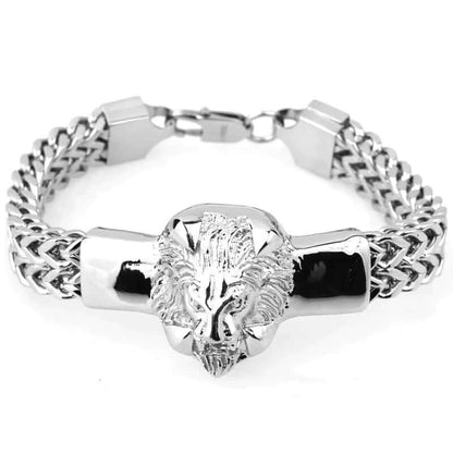 THE MEN THING Steel Bracelets DOUBLE FRANCO LION - Heavy 12mm Pure Stainless Steel Chain with Alloy Lion Head Bracelet for Men & Boys (10 inch)