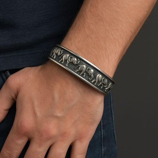 THE MEN THING Steel Bracelets ELEPHANT GRACE - Pure Stainless Steel Open Bangle Bracelet (Adjustable) for Men & Boys