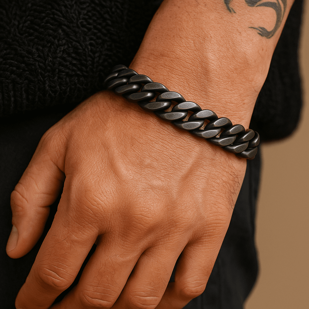 THE MEN THING Steel Bracelets GRAVITAS LINK - 11.5mm Pure Black Titanium Steel Bracelet with Push Button Clasp for Men & Boy (8 inch)