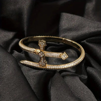 THE MEN THING Steel Bracelets JUSTICE SWORD GOLD - "7"mm Alloy Bracelet With Faux Diamonds for Men & Boys (8 inch)