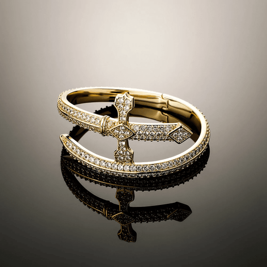 THE MEN THING Steel Bracelets JUSTICE SWORD GOLD - "7"mm Alloy Bracelet With Faux Diamonds for Men & Boys (8 inch)