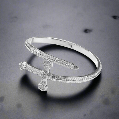 THE MEN THING Steel Bracelets JUSTICE SWORD Silver - "7"mm Alloy Bracelet With Faux Diamonds for Men & Boys (8 inch)