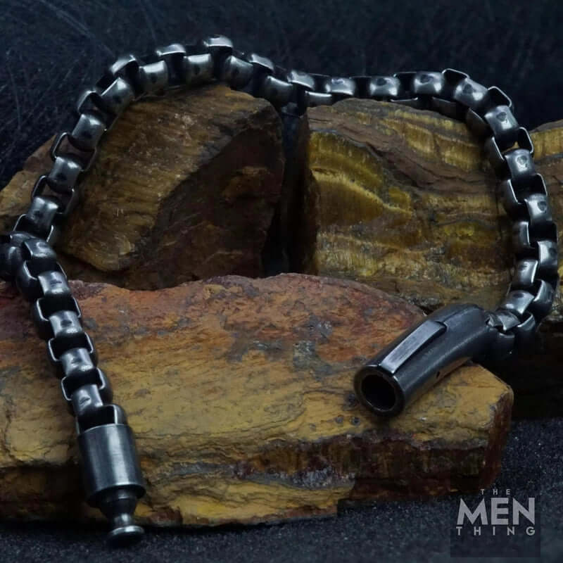 THE MEN THING Steel Bracelets SHADOW SQUARE - 5mm Titanium Steel Antique Black Bracelet 9 inch for Men & Boys