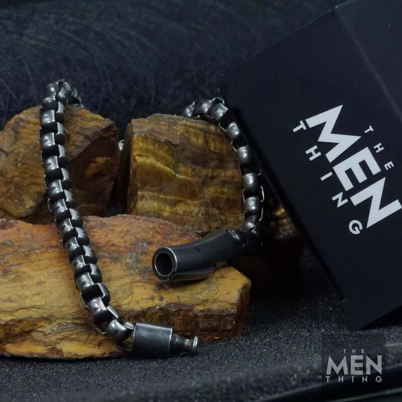 THE MEN THING Steel Bracelets SHADOW SQUARE - 5mm Titanium Steel Antique Black Bracelet 9 inch for Men & Boys