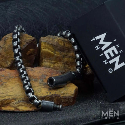 THE MEN THING Steel Bracelets SHADOW SQUARE - 5mm Titanium Steel Antique Black Bracelet 9 inch for Men & Boys