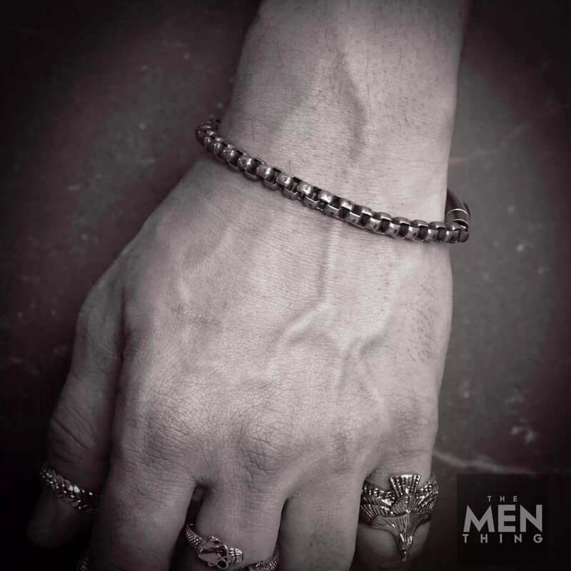 THE MEN THING Steel Bracelets SHADOW SQUARE - 5mm Titanium Steel Antique Black Bracelet 9 inch for Men & Boys